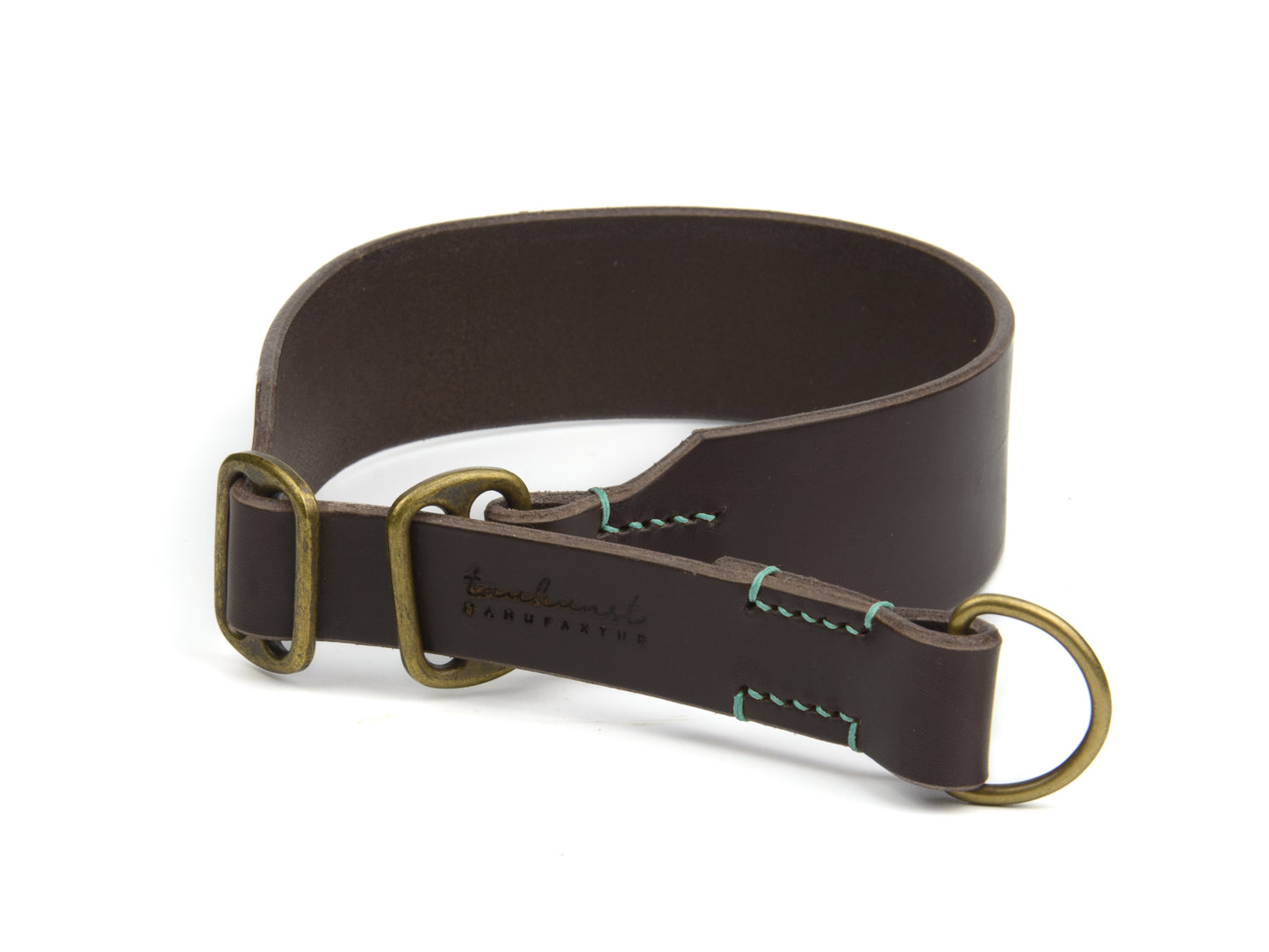 Breites Zugstopp Lederhalsband Wilma für Hunde in Dunkelbraun mit Sattlernaht Mint Vintage
