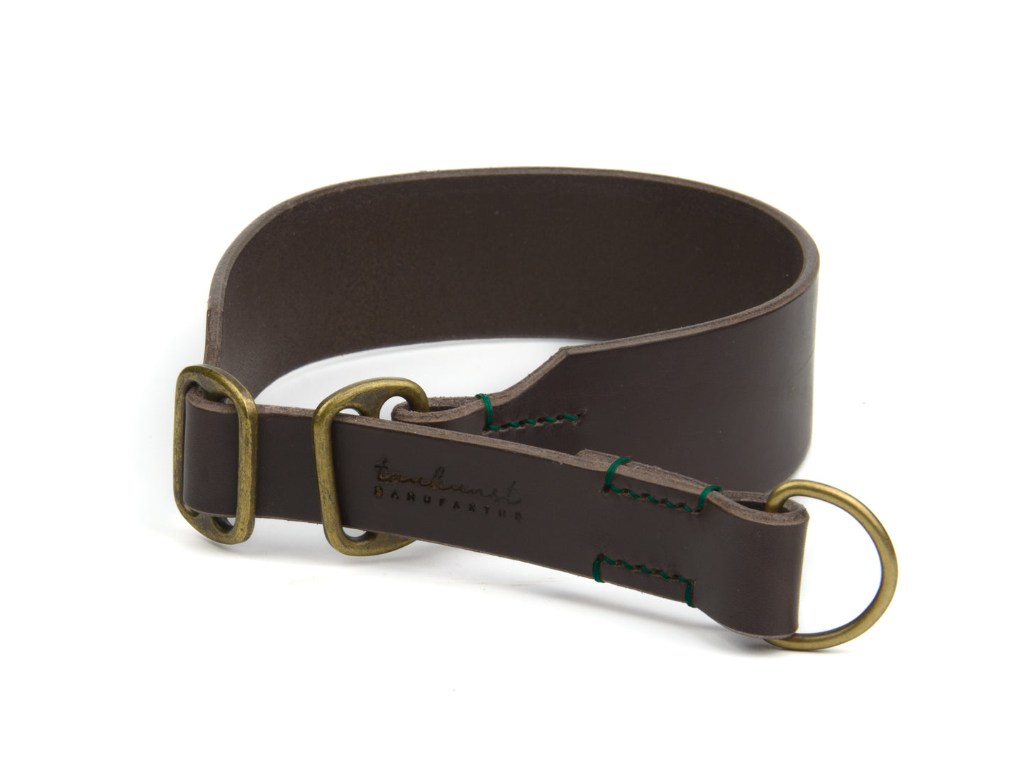 Breites Zugstopp Lederhalsband Wilma für Hunde in Dunkelbraun mit Sattlernaht Waldgrün Vintage
