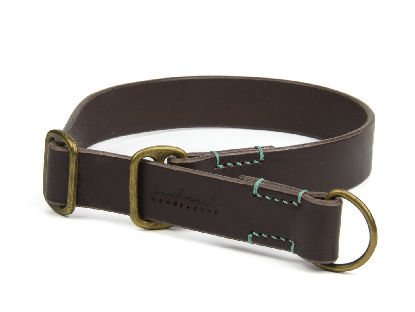 Zugstopp Lederhalsband Wilma für Hunde in Dunkelbraun mit Sattlernaht in Mint Vintage
