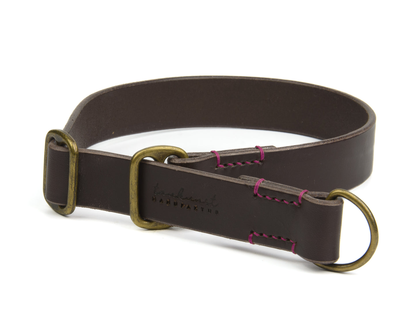 Zugstopp Lederhalsband Wilma für Hunde in Dunkelbraun mit Sattlernaht in Pink Vintage
