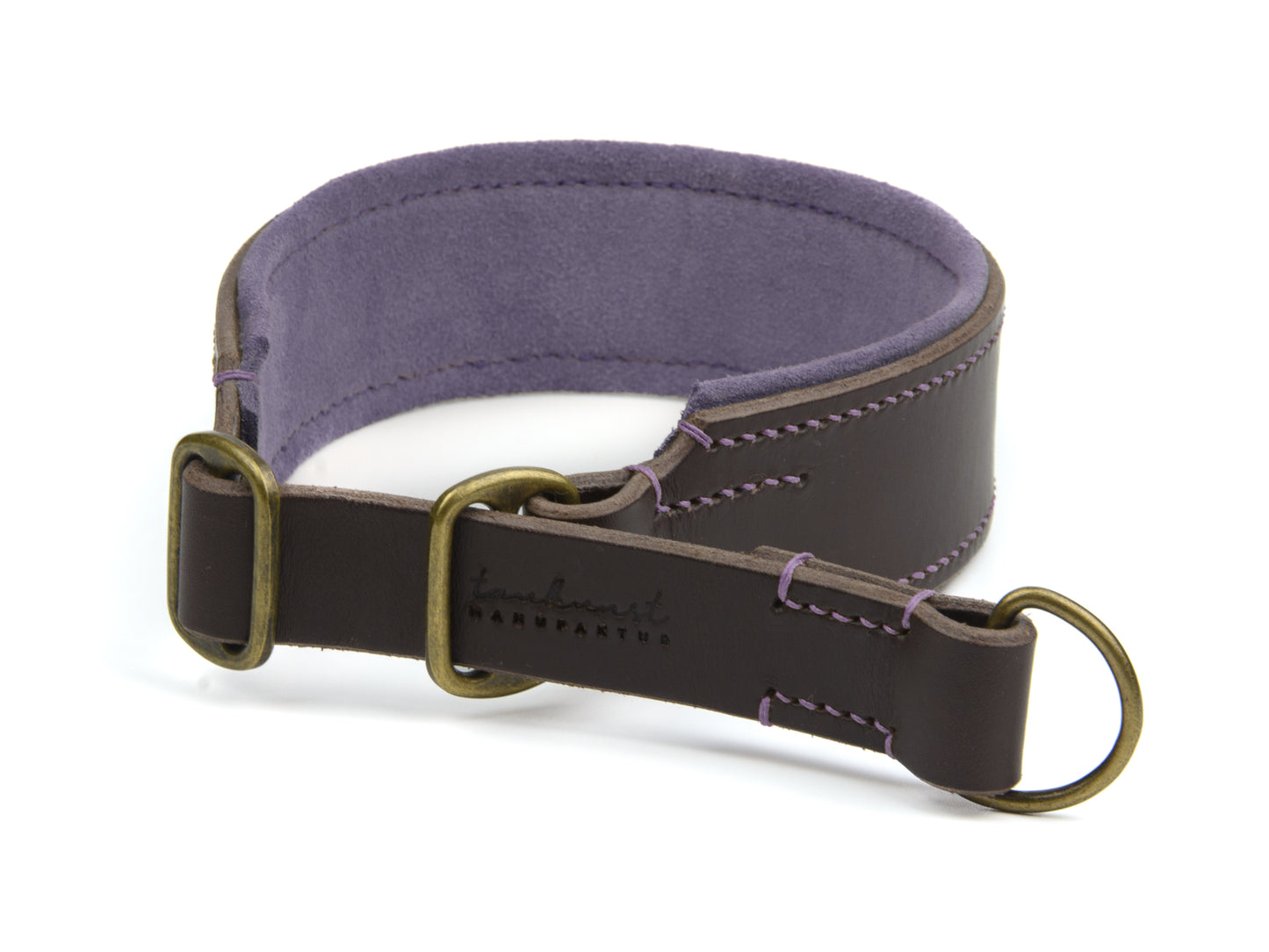 Breites Zugstopp Lederhalsband Wilma für Hunde in dunkelbraun mit Sattlernaht gepolstert Lavendel Vintage
