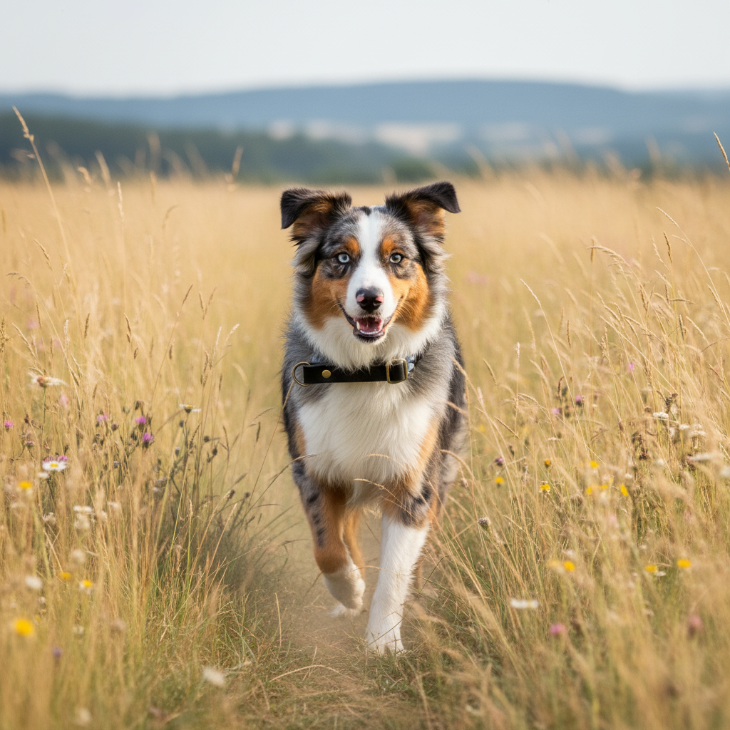 Australian Shepherd mit Cielo Zugstopp-Tauhalsband auf der Wiese