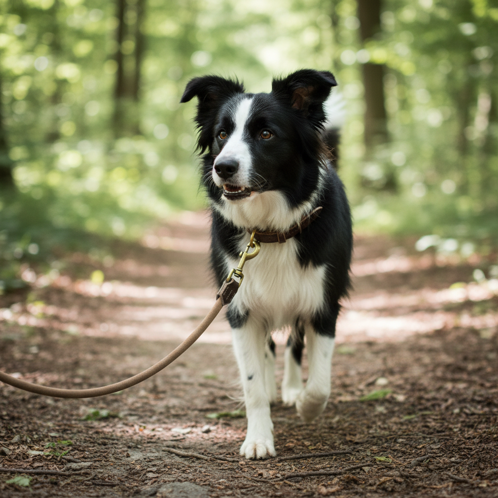 Border Collie mit beige Wildlederleine am dunkelbraunen Halsband befestigt beim Spaziergang auf einem Weg
