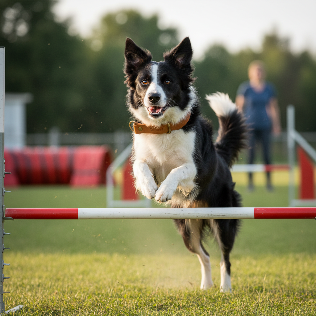 Border Collie mit breitem camel Zugstopp-Lederhalsband beim Agility-Training
