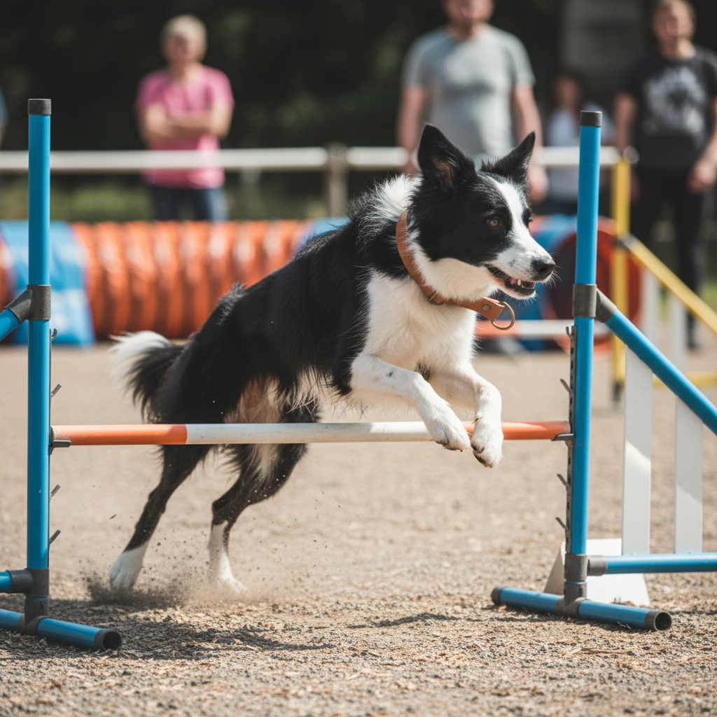 Border Collie mit cognacfarbenem Zugstopp-Lederhalsband beim Agility-Training
