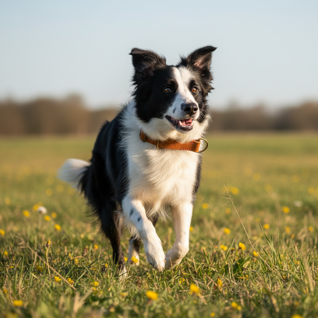 Border Collie mit cognacfarbenem Zugstopp-Lederhalsband mit pink Naht beim Laufen auf der Wiese