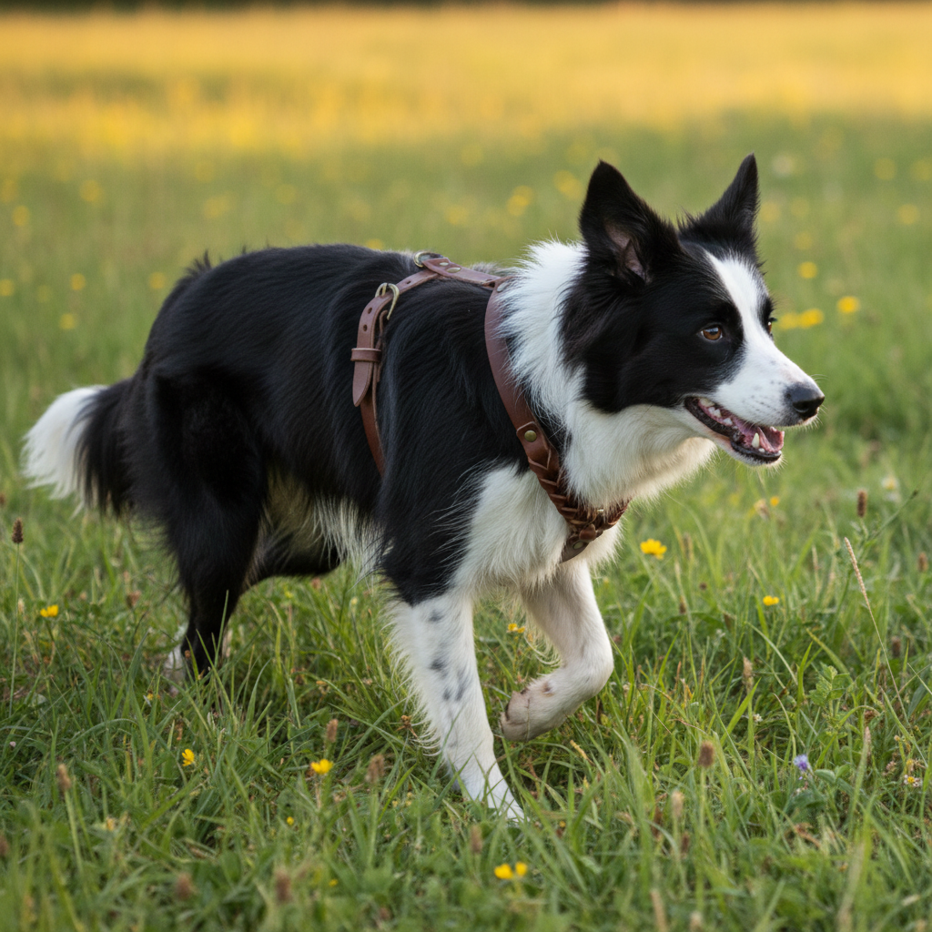 Border Collie mit dunkelbraunem Waldstreuner-Geschirr mit Flechtung beim Laufen auf der Wiese

