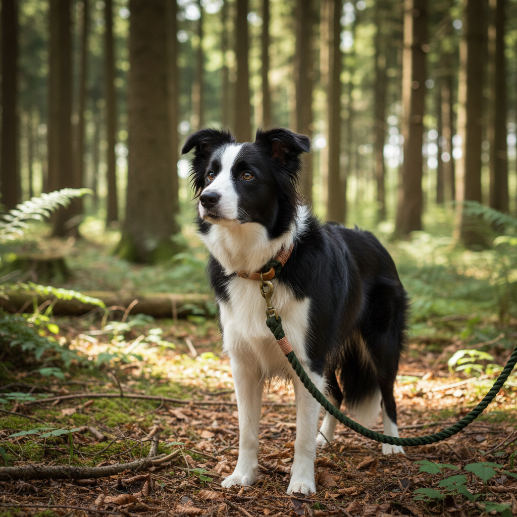 Border Collie mit Foresta Tauhalsband und Leine im Wald