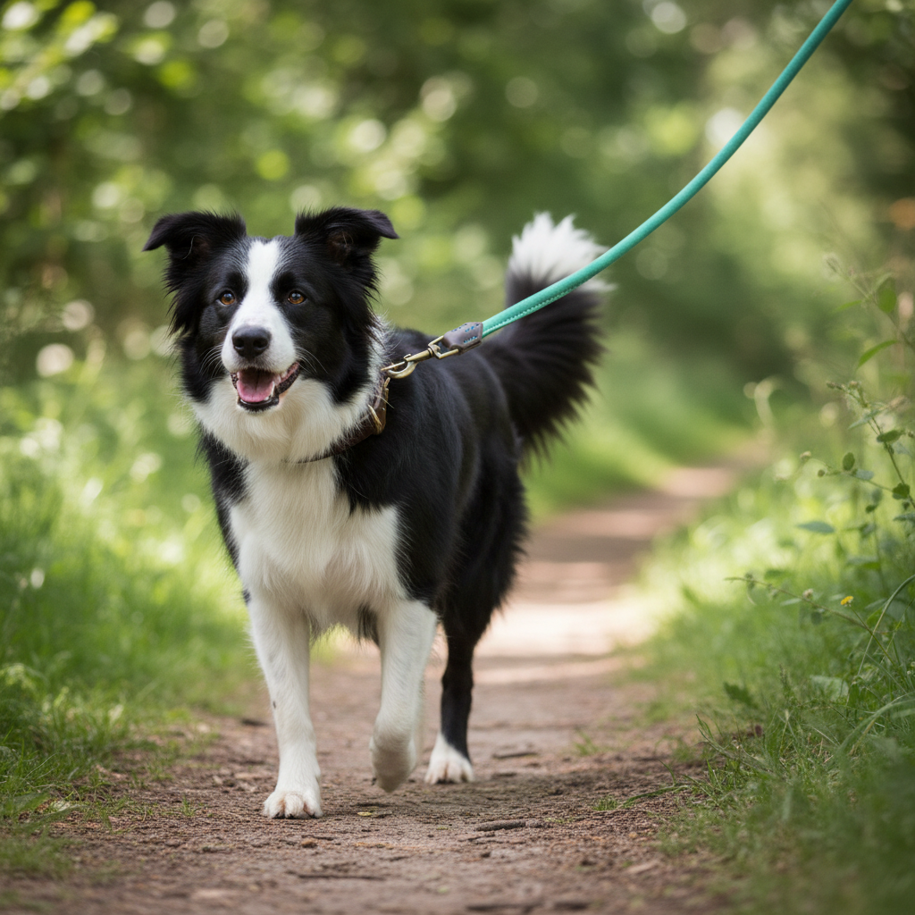 Border Collie mit mint Wildlederleine am Halsband befestigt beim Spaziergang auf einem Weg
