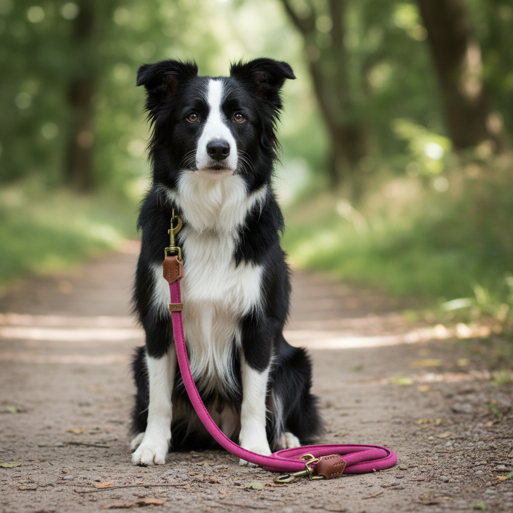 Border Collie mit pink Wildlederleine am Boden liegend auf einem Weg