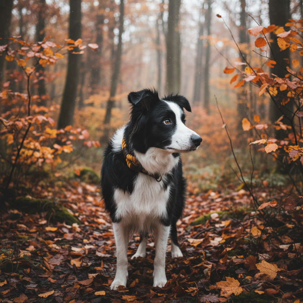 Border Collie mit Stelle Zugstopp-Tauhalsband im Herbstwald

