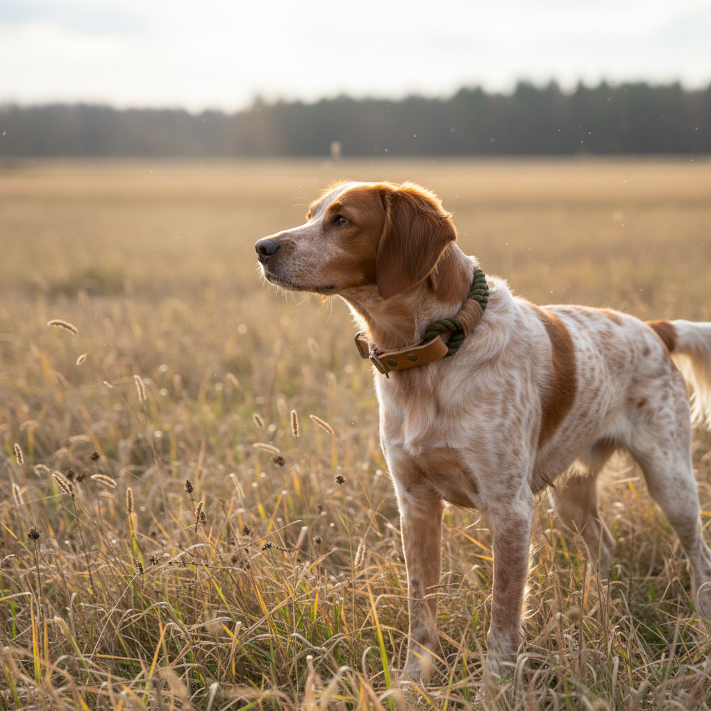 Brittany Spaniel mit Oliva Zugstopp-Tauhalsband im Jagdfeld