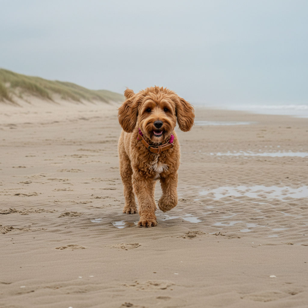 Cockapoo mit Amore Tauhalsband am Nordseestrand - weitere Perspektive