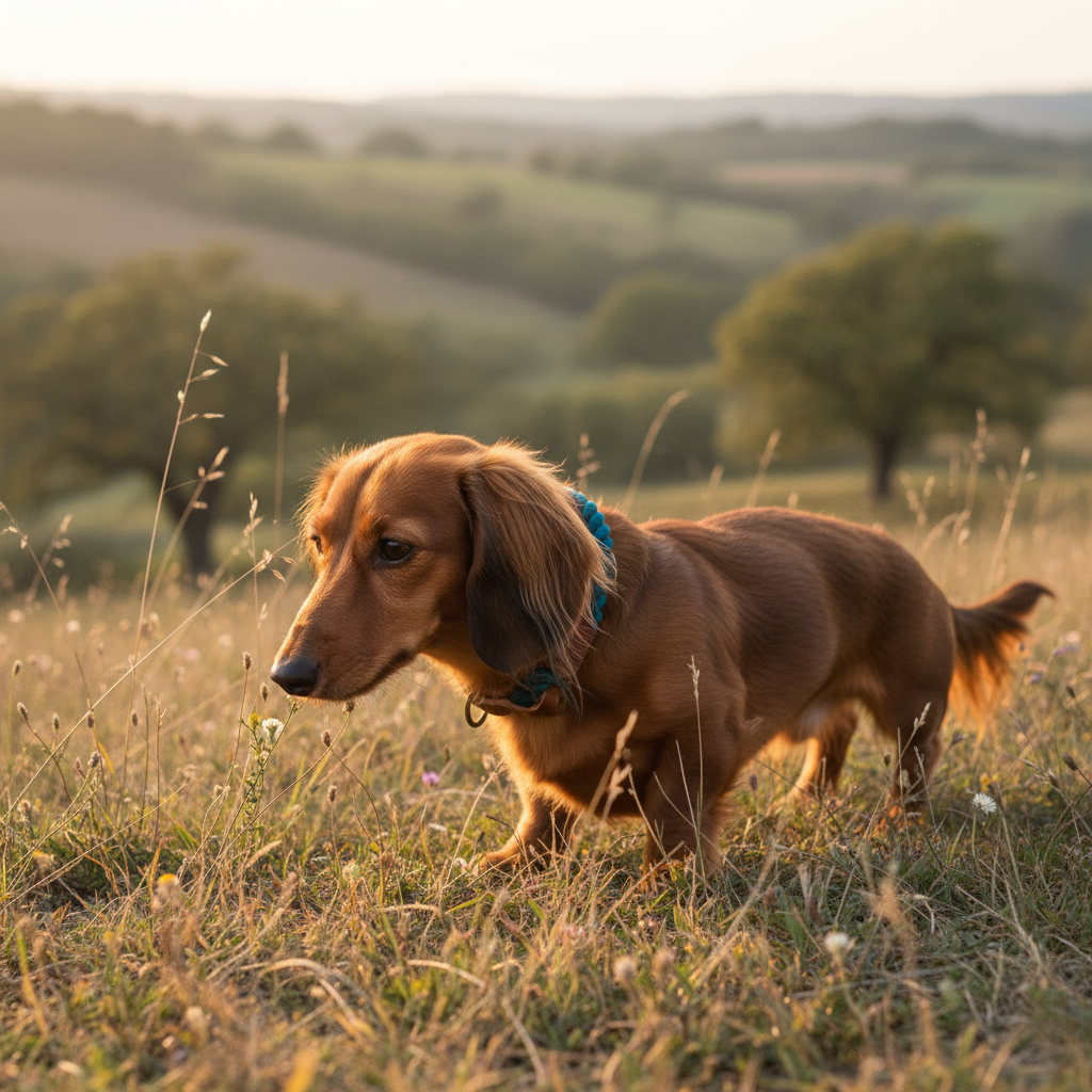 Dackel mit zierlichem Mare Zugstopp-Tauhalsband auf dem Land