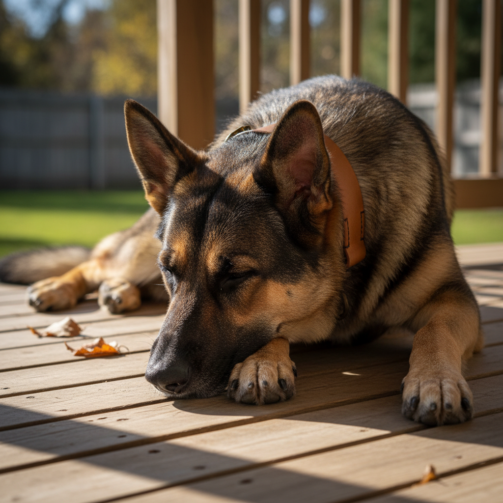 Deutscher Schäferhund mit breitem camel Zugstopp-Lederhalsband beim Ausruhen auf der Holzterrasse
