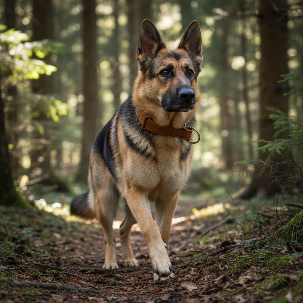 Deutscher Schäferhund mit gepolstertem cognac Zugstopp-Lederhalsband beim Wandern im Wald
