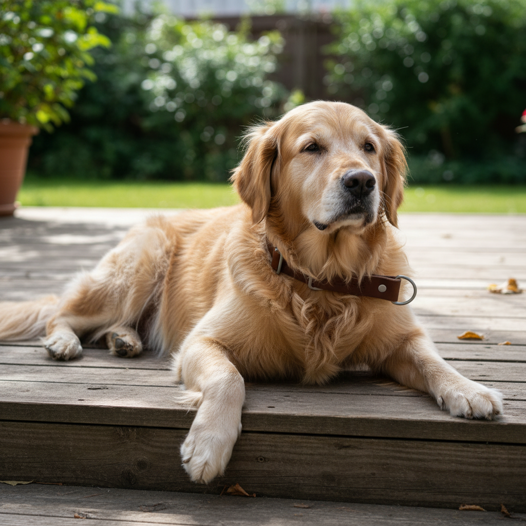 Golden Retriever mit braunem Zugstopp-Lederhalsband beim Ausruhen auf der Holzterrasse