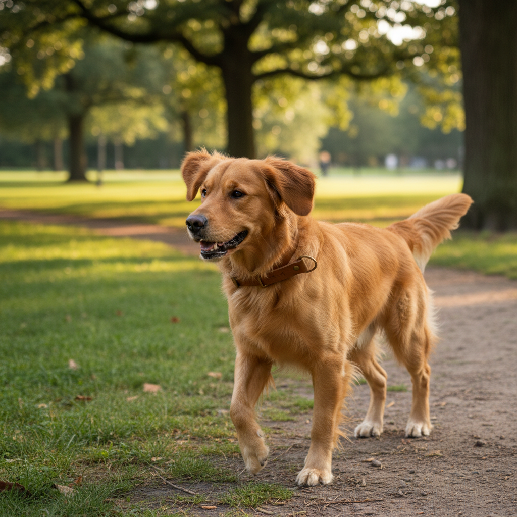 Golden Retriever mit camel Zugstopp-Lederhalsband im Park
