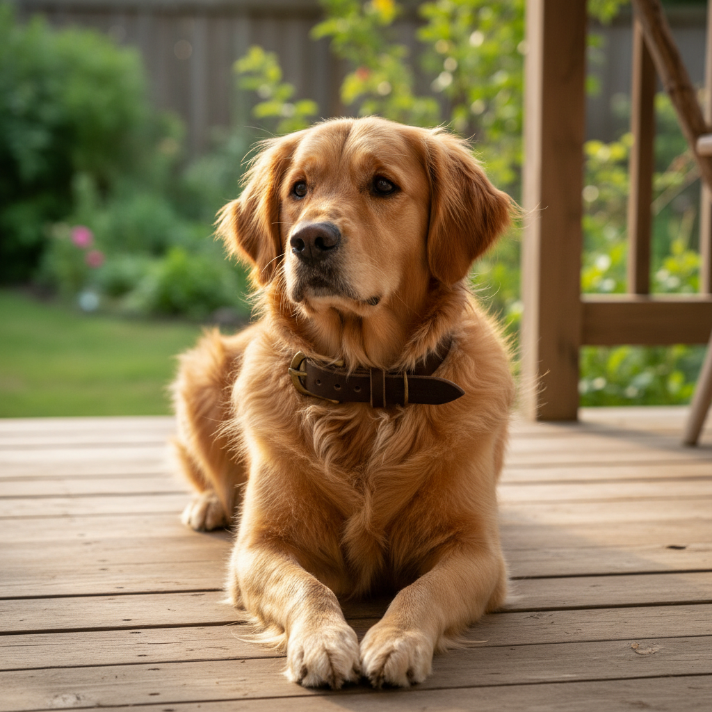 Golden Retriever mit dunkelbraunem Lederhalsband auf einer Holzterrasse