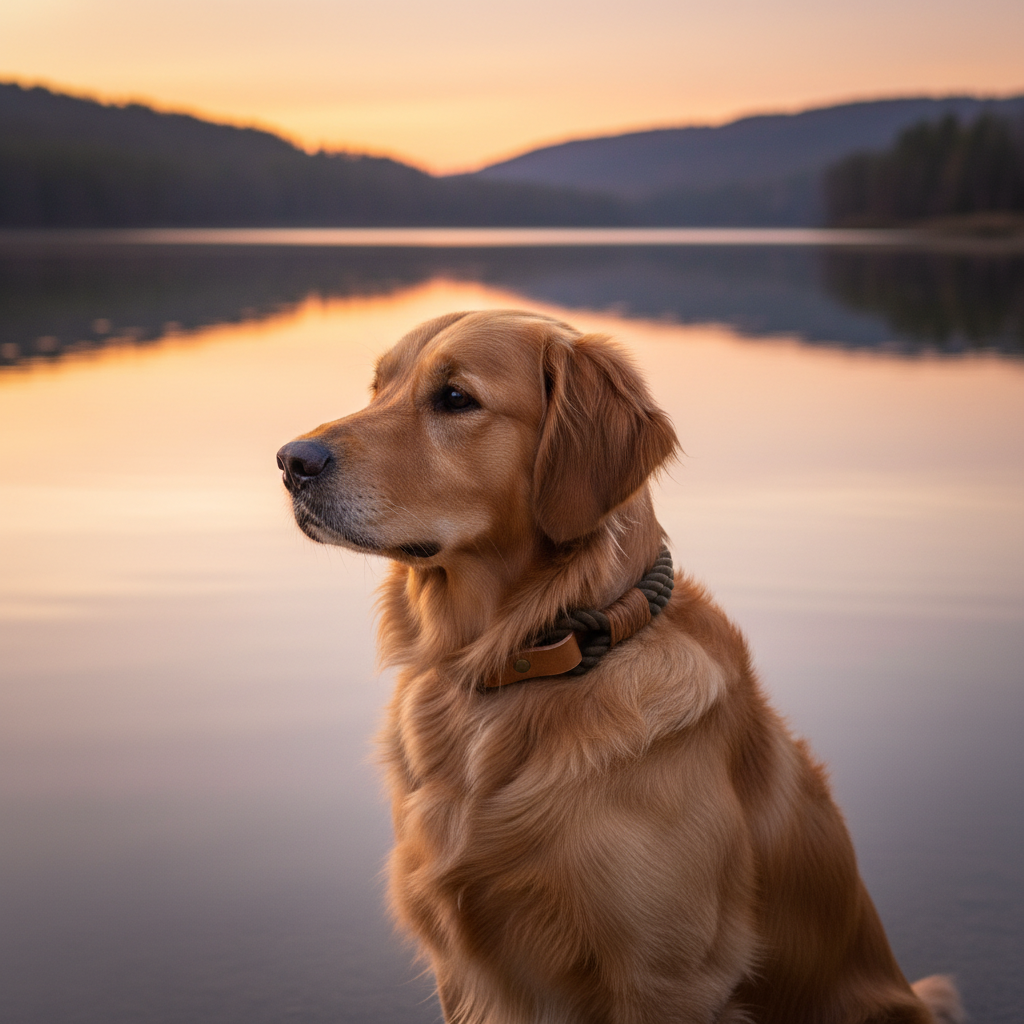 Golden Retriever mit Fango Zugstopp-Tauhalsband am See bei Golden Hour