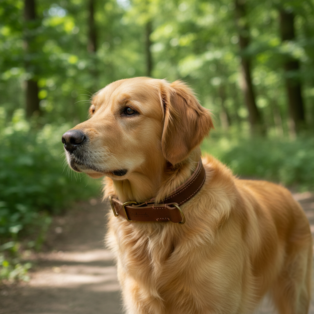 Golden Retriever mit gepolstertem braunem Zugstopp-Lederhalsband mit rosa Polsterung beim Spaziergang