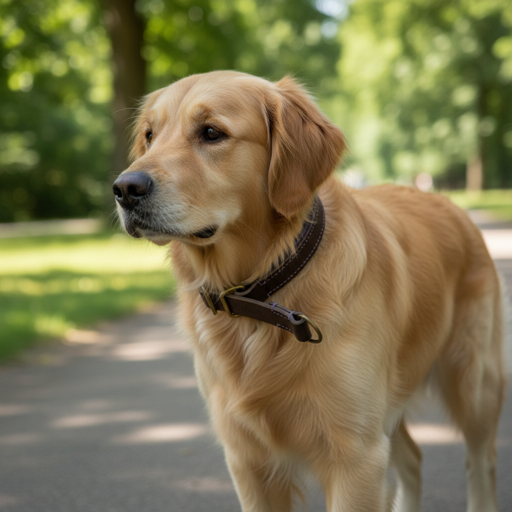 Golden Retriever mit gepolstertem dunkelbraunem Zugstopp-Lederhalsband mit lavendel Polsterung beim Spaziergang