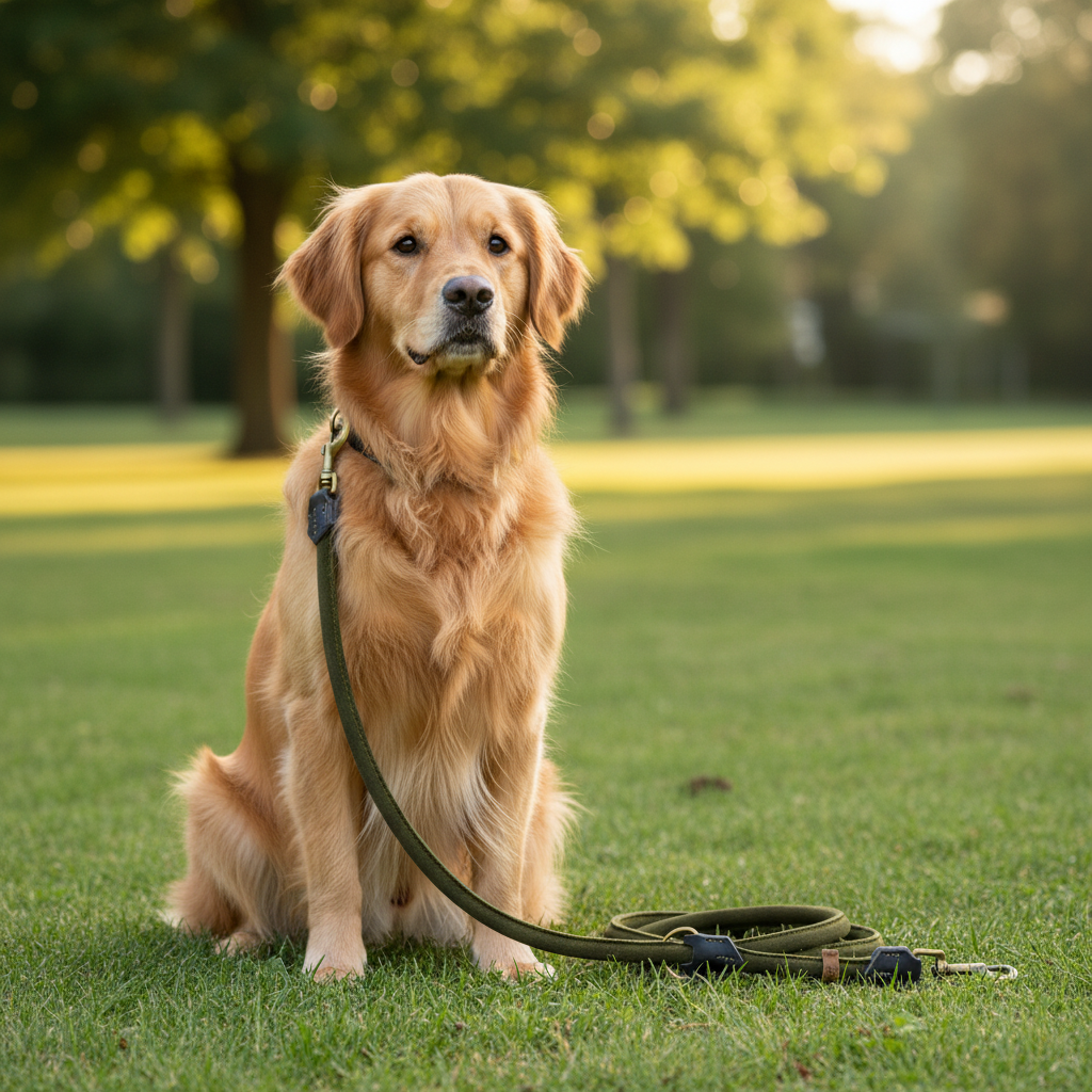 Golden Retriever mit oliv Wildlederleine am Boden liegend im Park
