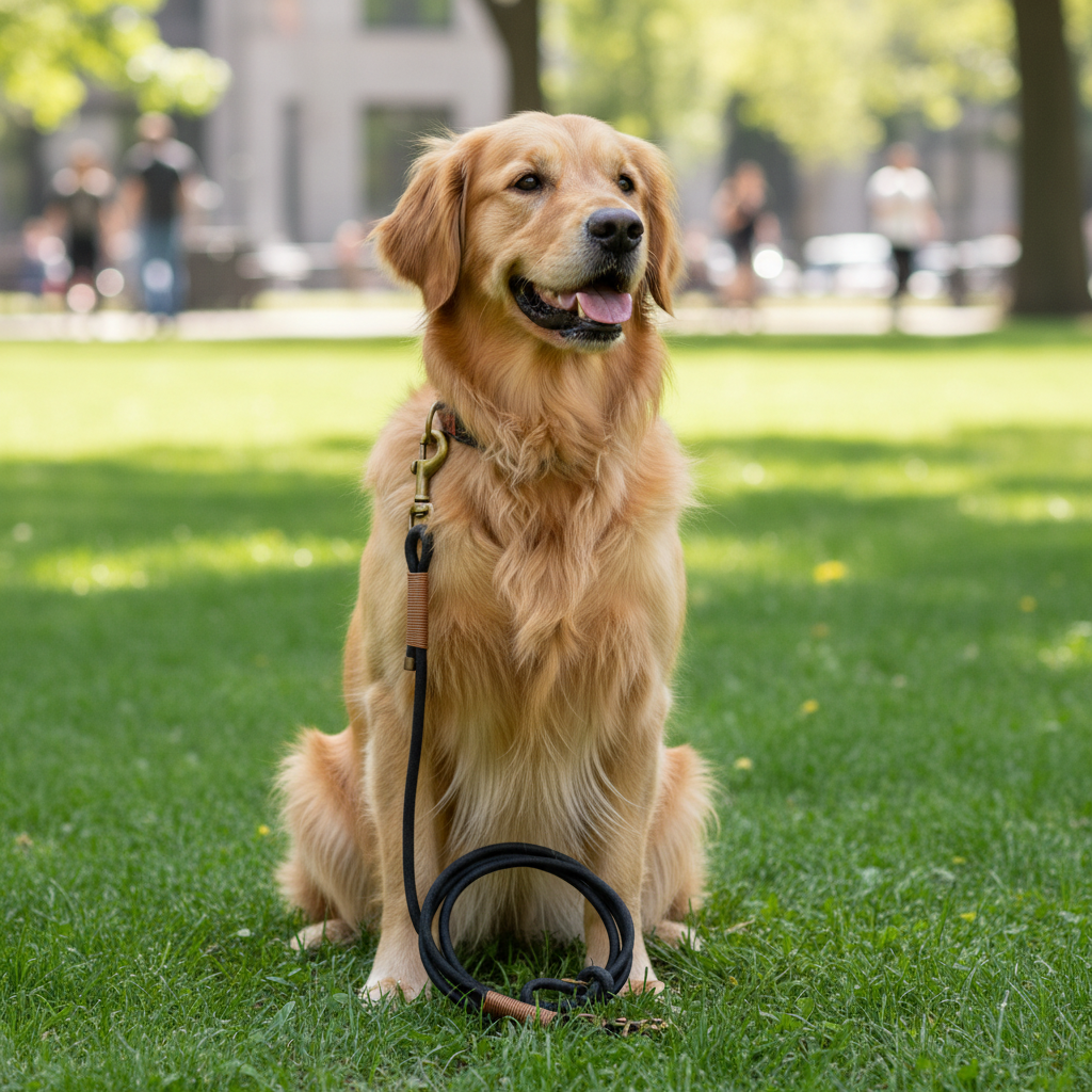 Golden Retriever mit schwarzer Rundlederleine 8mm am Boden liegend im Park