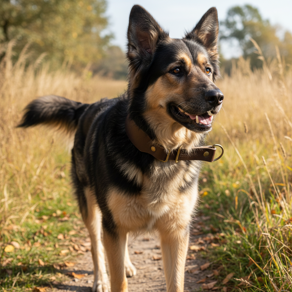 Großer Mischling mit breitem dunkelbraunem Zugstopp-Lederhalsband beim Spaziergang
