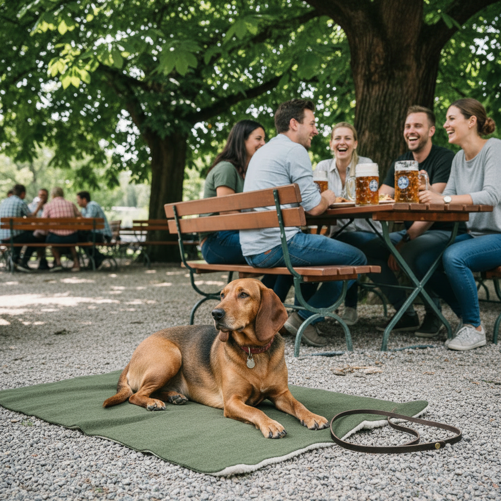 Hund auf Reisedecke im Biergarten 1:1