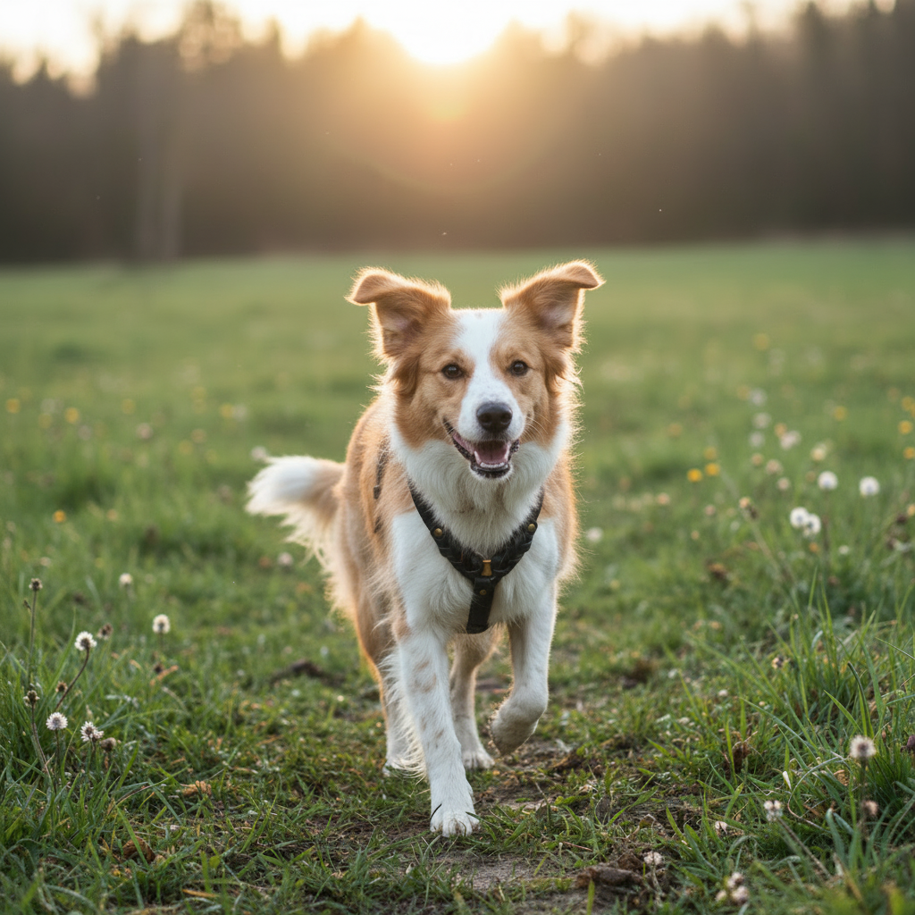 Hund mit schwarzem Ledergeschirr auf Wiese

