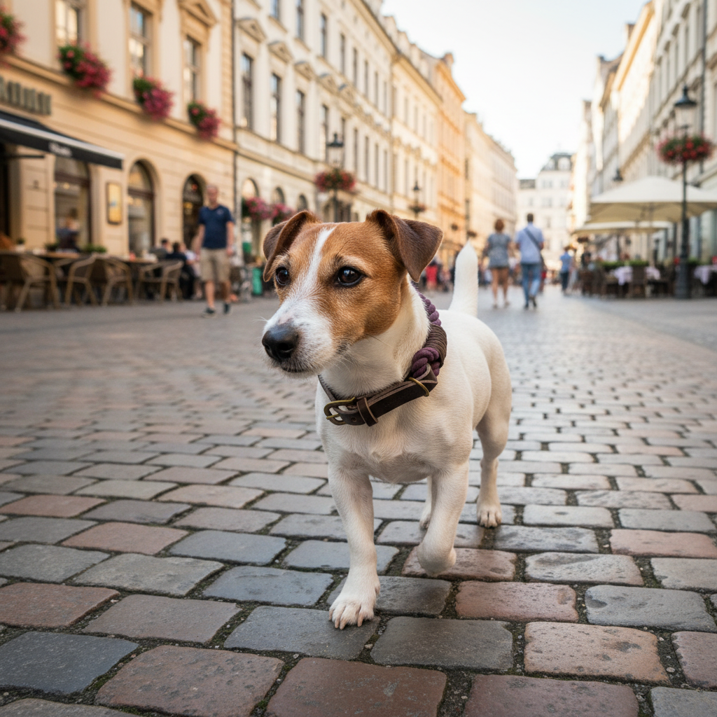 Jack Russell mit Bordeaux Tauhalsband in der Innenstadt - weitere Perspektive
