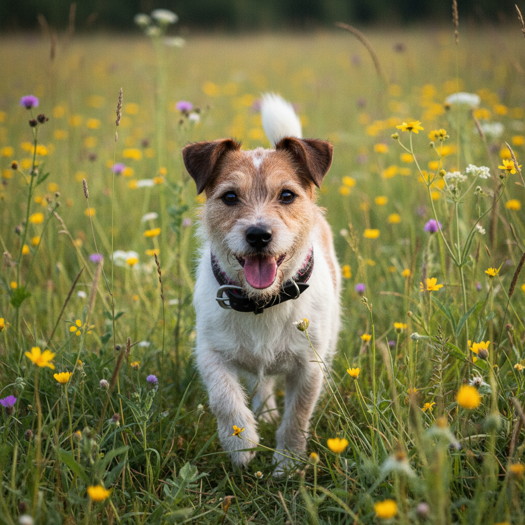 Kleiner Hund mit gepolstertem schwarzem Lederhalsband mit pink Futter auf der Wiese
