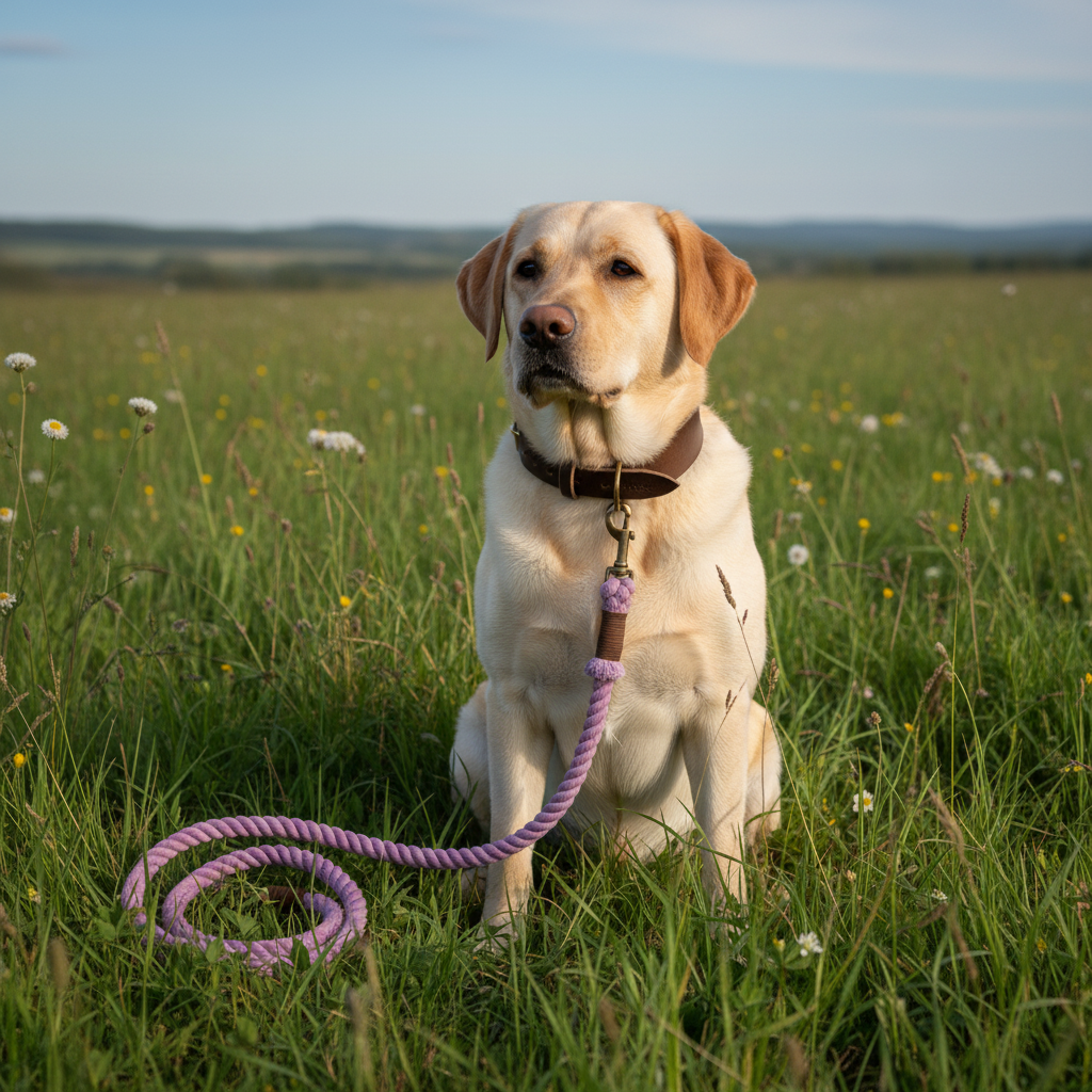 Labrador mit dunkelbraunem Lederhalsband und lavendelfarbener Tauleine auf der Wiese