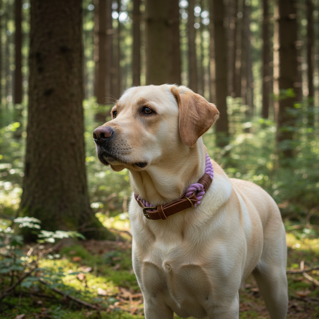 Labrador mit korrekt konstruiertem Fiore Tauhalsband im Wald
