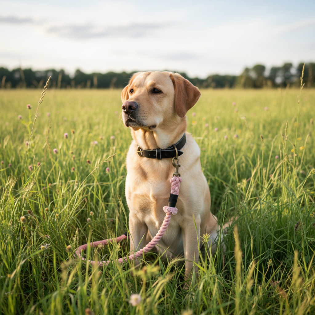 Labrador mit schwarzem Lederhalsband und zierlicher rosa Tauleine auf der Wiese