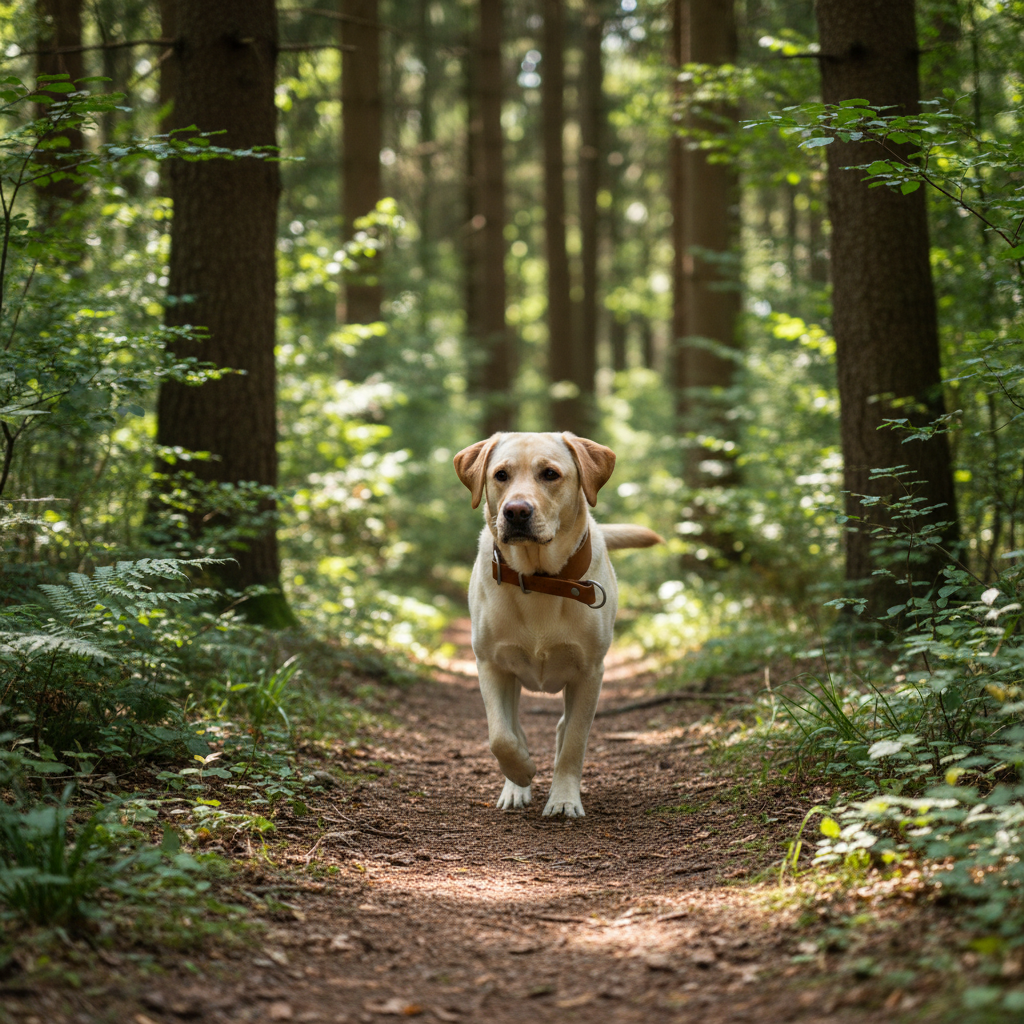 Labrador Retriever mit breitem cognacfarbenem Zugstopp-Lederhalsband beim Waldspaziergang
