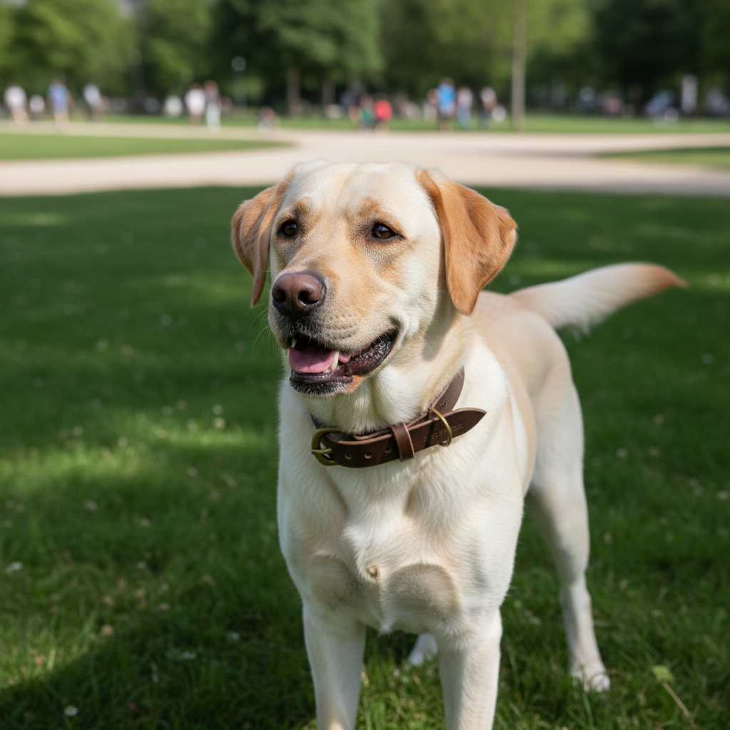 Labrador Retriever mit dunkelbraunem Lederhalsband im Park