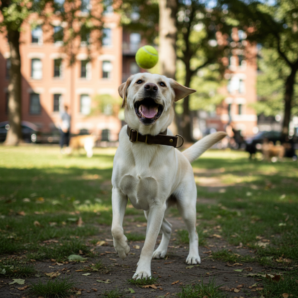 Labrador Retriever mit dunkelbraunem Zugstopp-Lederhalsband beim Spielen im Park
