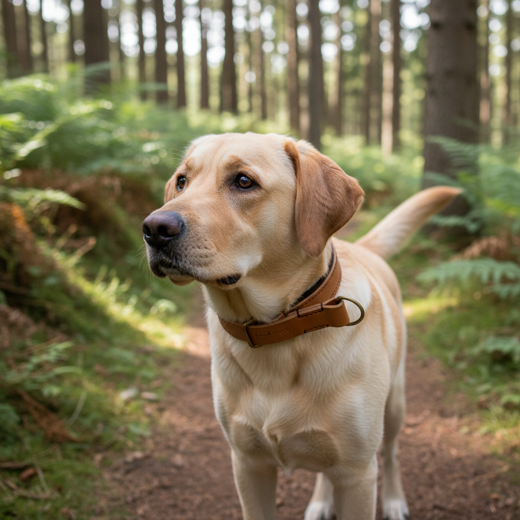 Labrador Retriever mit gepolstertem cognac Zugstopp-Lederhalsband mit dunkelbrauner Polsterung beim Wandern im Wald