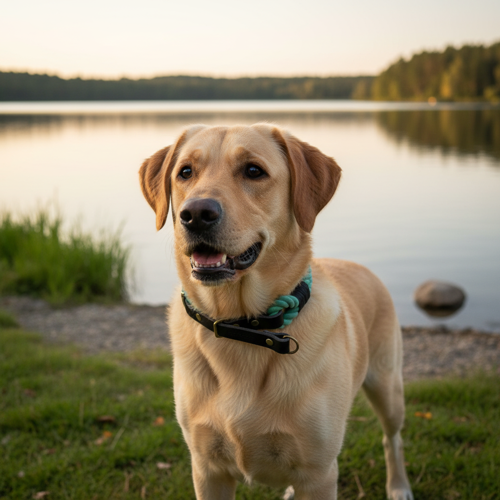 Labrador Retriever mit Laguna Zugstopp-Tauhalsband am See
