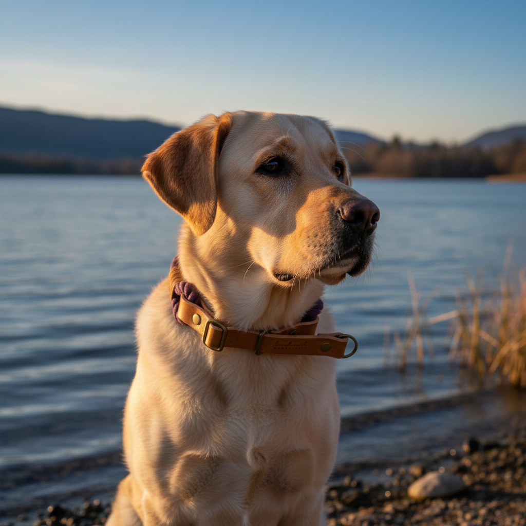 Labrador Retriever mit Viola Zugstopp-Tauhalsband am See
