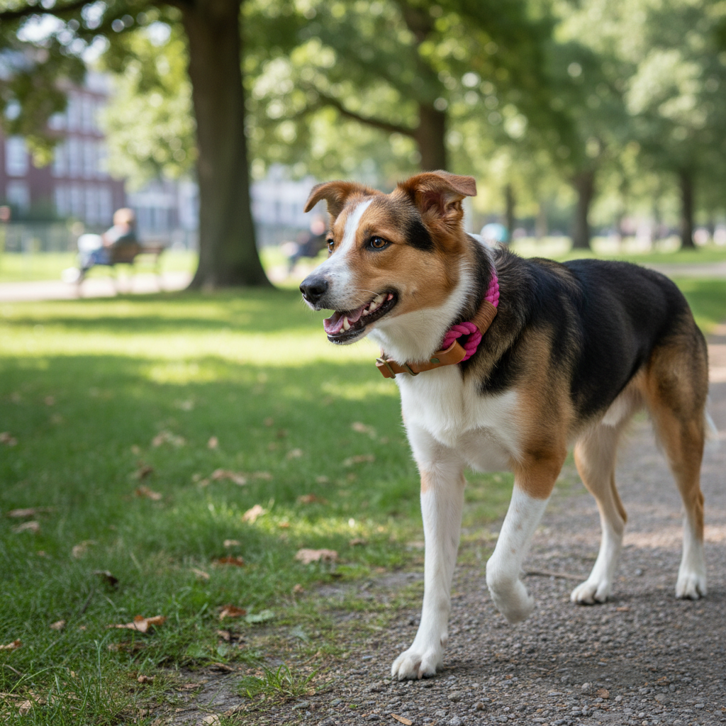 Mischling mit Amore Zugstopp-Tauhalsband im Park
