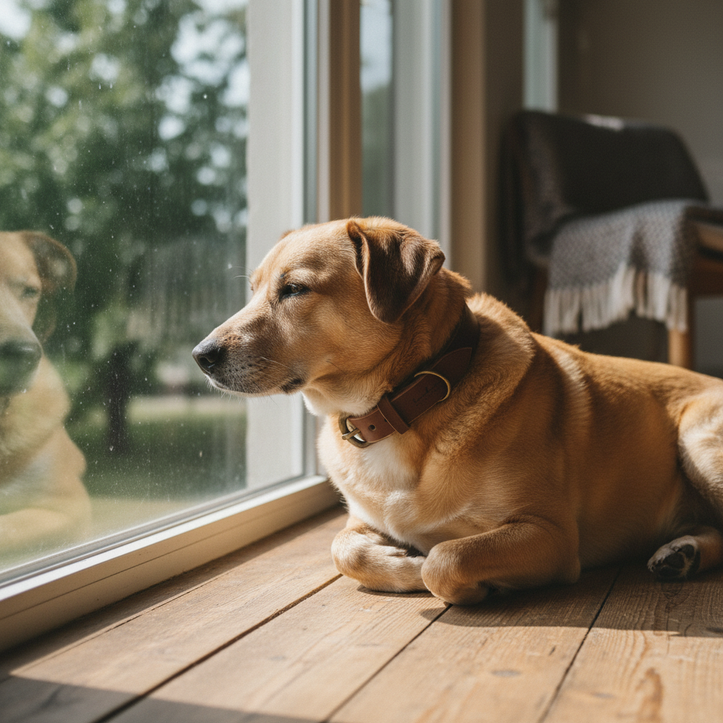 Mischling mit braunem Lederhalsband am Fenster mit natürlichem Licht
