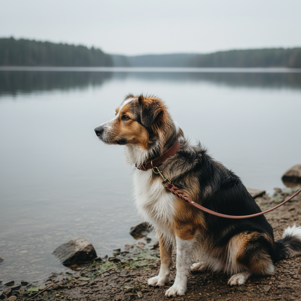 Mischling mit braunem Lederhalsband und geflochtener Leine am See
