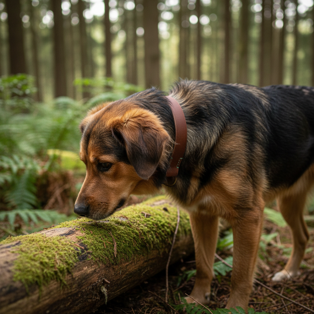 Mischling mit braunem Zugstopp-Lederhalsband mit mint Naht beim Wandern im Wald