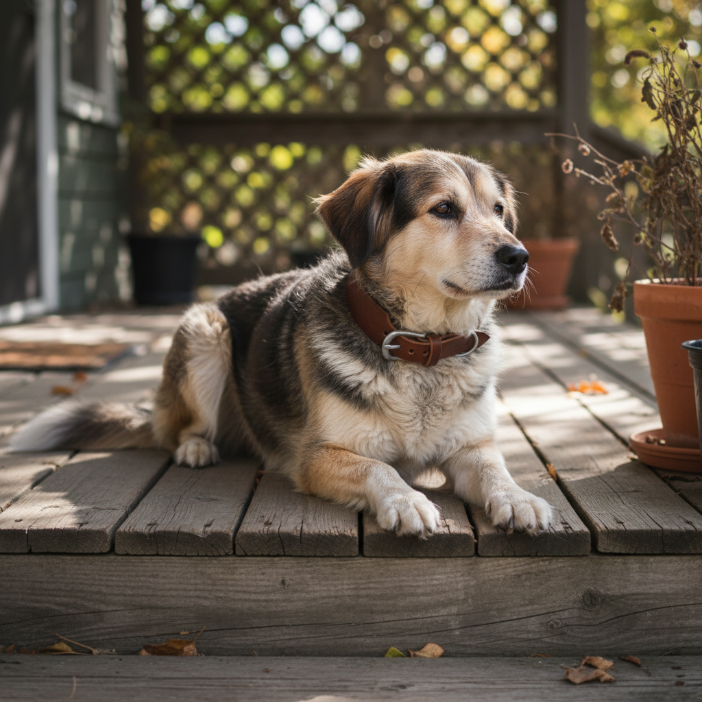 Mischling mit breitem braunem Lederhalsband mit silbernen Beschlägen auf einer Holzterrasse
