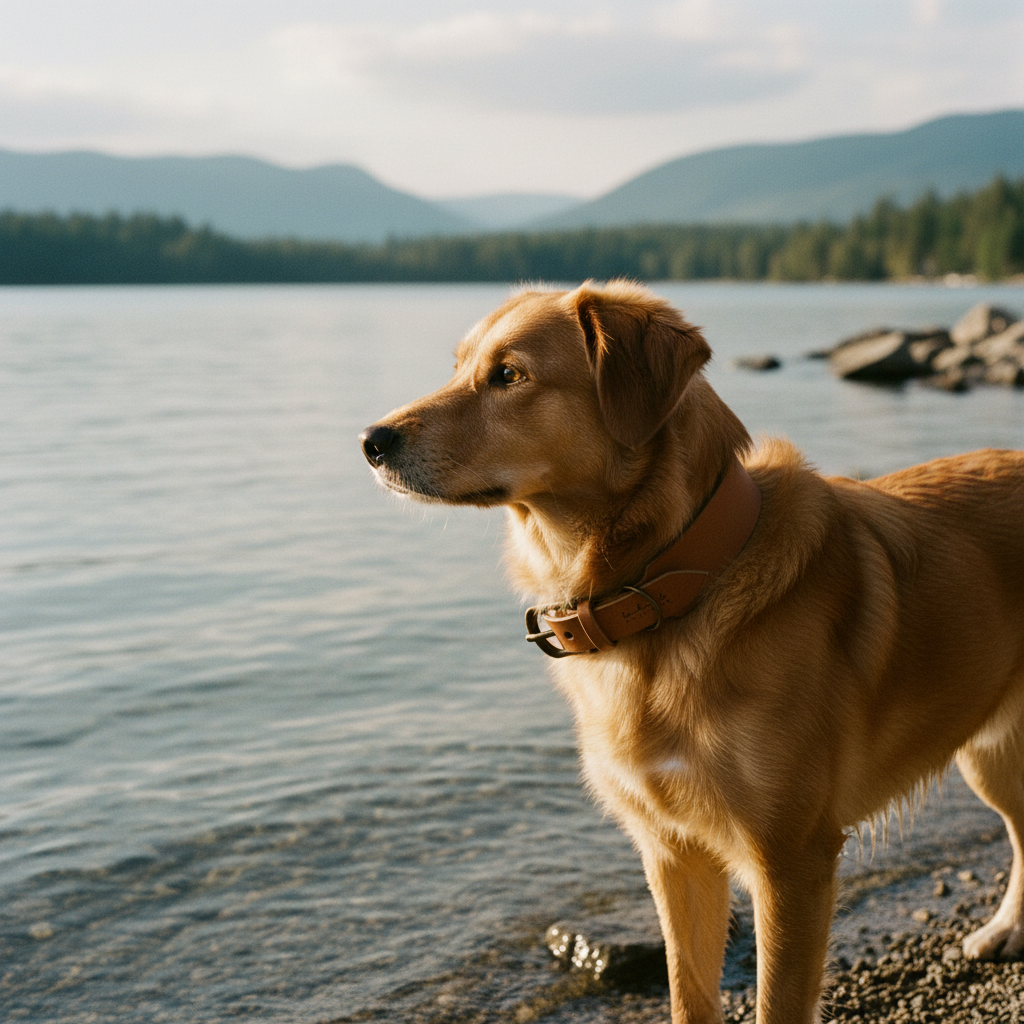 Mischling mit breitem cognacfarbenem Lederhalsband mit Messingbeschlägen am See