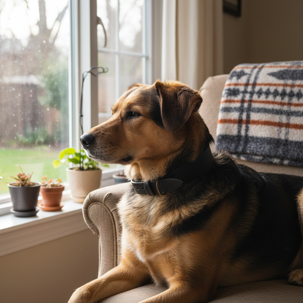 Mischling mit breitem schwarzem Lederhalsband am Fenster mit natürlichem Licht
