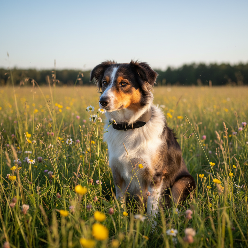 Mischling mit breitem schwarzem Lederhalsband auf der Wiese
